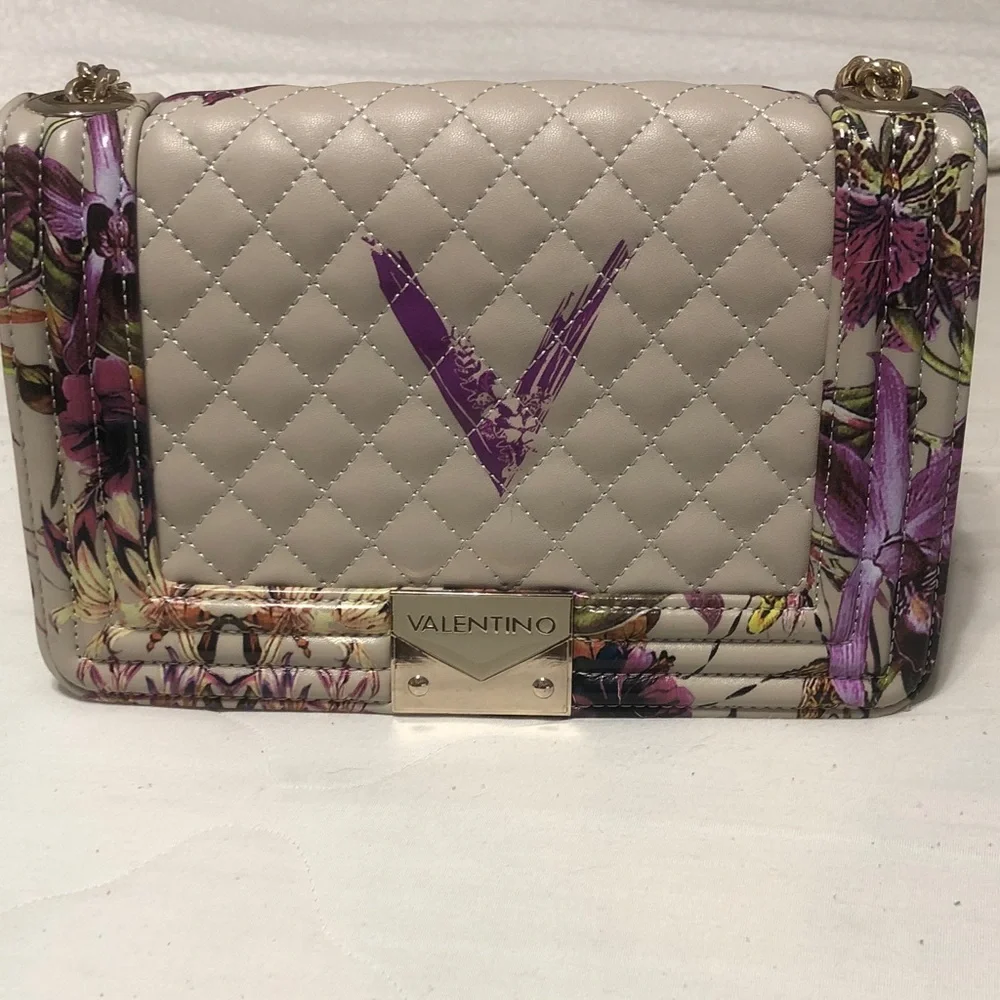 Valentino Quilted Floral Leather Shoulder Bag in Cream & Purple